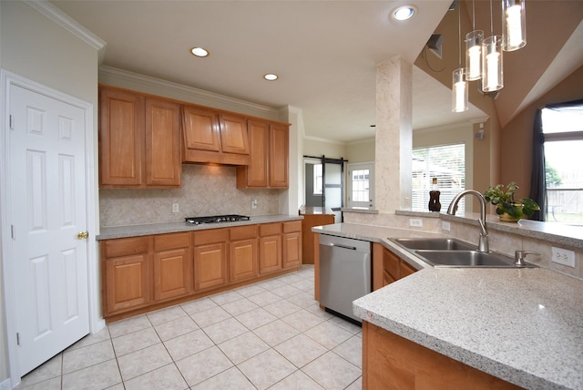 kitchen featuring dishwasher, ornamental molding, decorative light fixtures, and sink