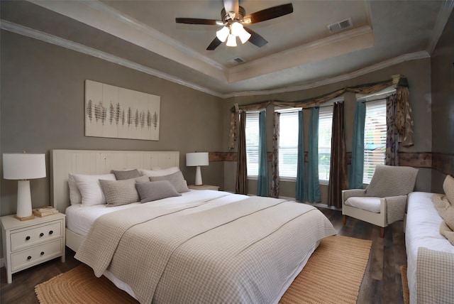 bedroom with a raised ceiling, multiple windows, ceiling fan, and dark hardwood / wood-style flooring