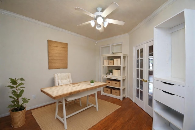 office space with built in shelves, ceiling fan, french doors, dark hardwood / wood-style floors, and ornamental molding