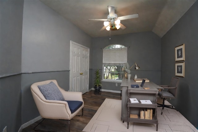 sitting room featuring hardwood / wood-style floors, ceiling fan, and vaulted ceiling