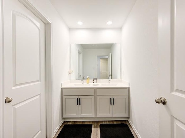 bathroom with vanity and wood-type flooring