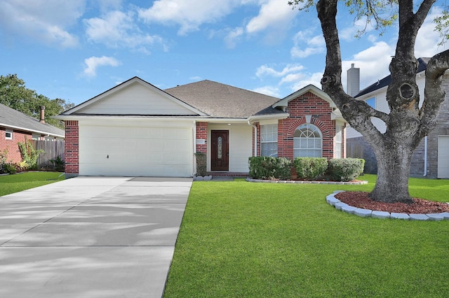 ranch-style home featuring a garage and a front yard