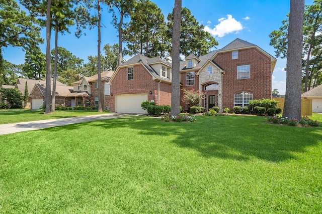 view of front facade with a front yard and a garage