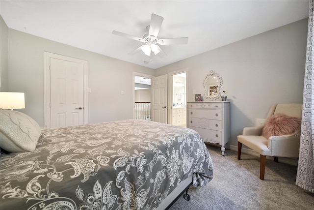 bedroom featuring carpet flooring, connected bathroom, and ceiling fan