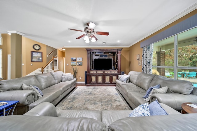 living room with ceiling fan, hardwood / wood-style floors, and ornamental molding