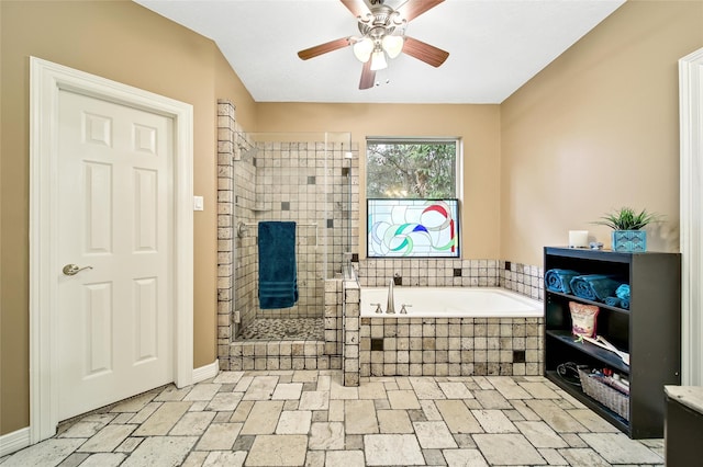 bathroom with separate shower and tub and ceiling fan