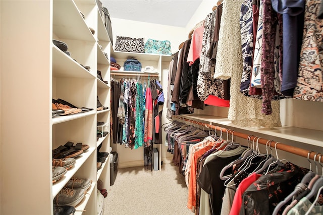 walk in closet with light colored carpet