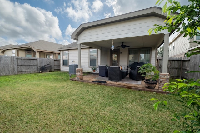 view of yard with central AC, ceiling fan, an outdoor hangout area, and a patio