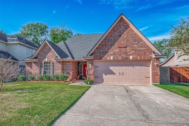 view of property with a front lawn and a garage