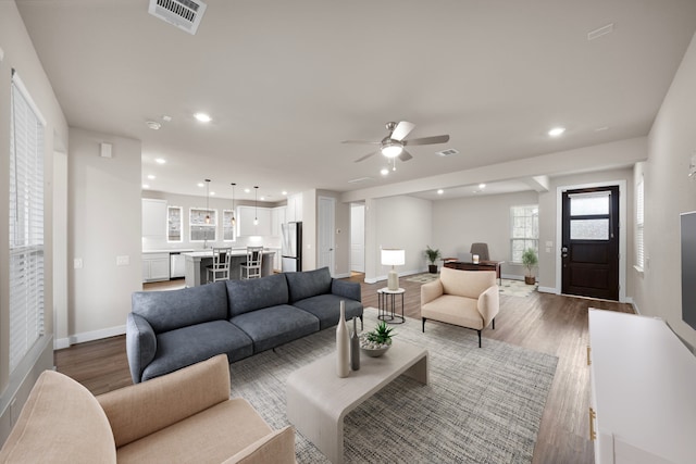 living room with hardwood / wood-style flooring and ceiling fan