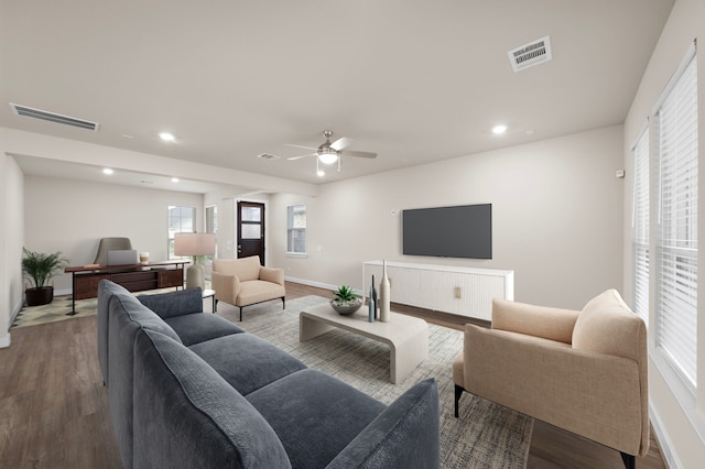 living room with ceiling fan and wood-type flooring