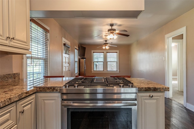 kitchen featuring a wealth of natural light, stainless steel range with gas cooktop, and white cabinets