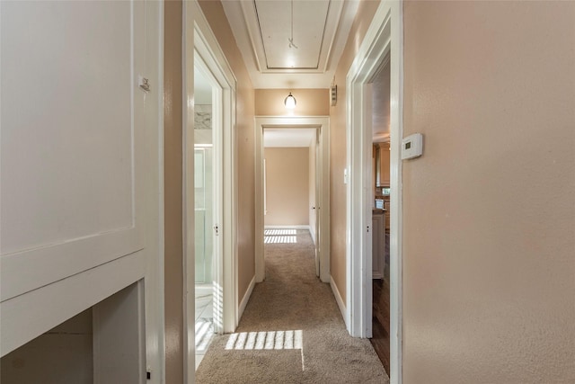 hallway featuring light colored carpet