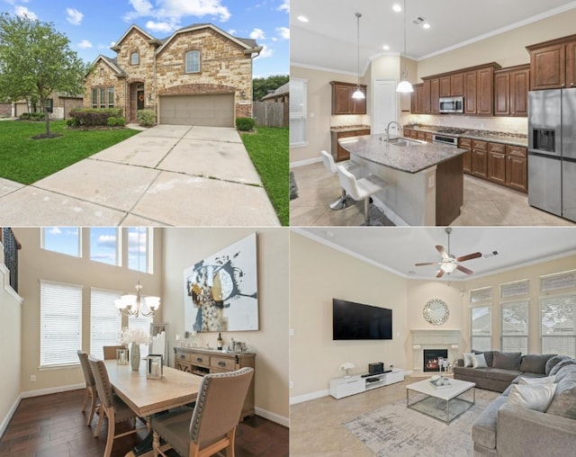 living room featuring exterior fireplace, light wood-type flooring, ceiling fan with notable chandelier, ornamental molding, and sink