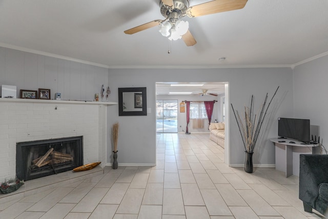 living room featuring a fireplace, light tile patterned floors, and crown molding