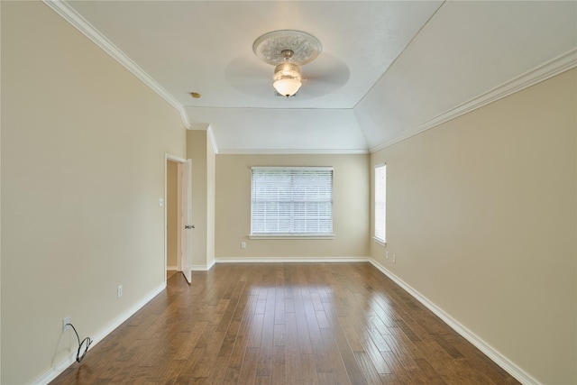 spare room featuring hardwood / wood-style flooring, vaulted ceiling, ceiling fan, and crown molding