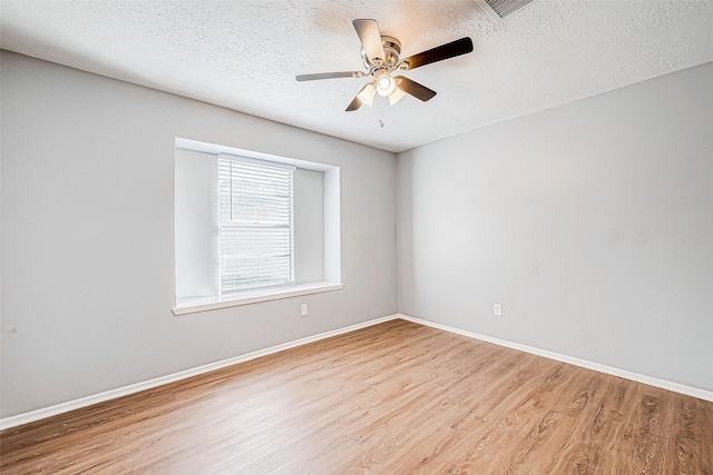 unfurnished room featuring ceiling fan, light hardwood / wood-style flooring, and a textured ceiling