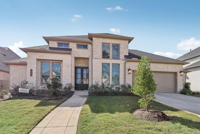 prairie-style house with french doors, a front lawn, and a garage