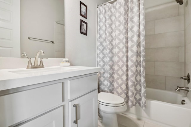 full bathroom with shower / bath combo, vanity, toilet, and tile patterned floors