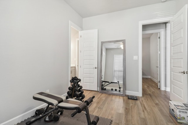 exercise room featuring light hardwood / wood-style floors