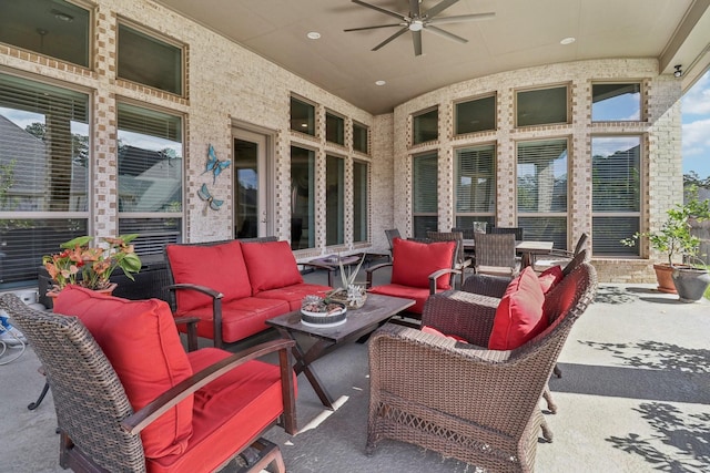 view of patio with ceiling fan and an outdoor hangout area