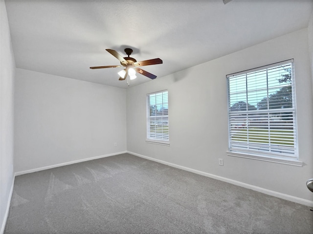 spare room featuring carpet flooring, a wealth of natural light, and ceiling fan