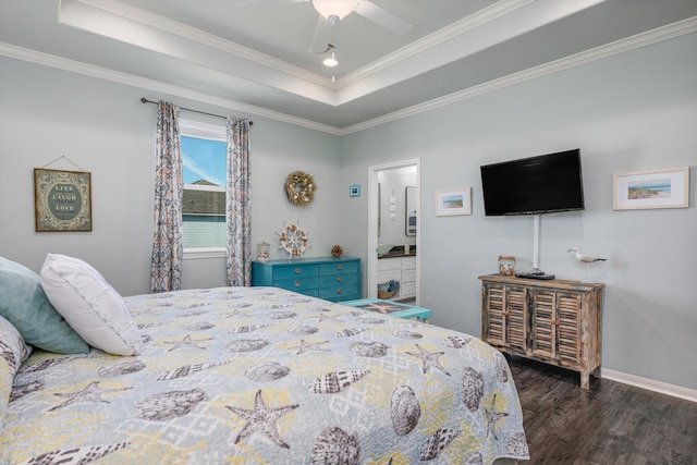 bedroom with a raised ceiling, crown molding, ceiling fan, and dark hardwood / wood-style floors