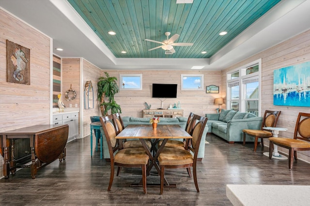 dining space with a tray ceiling, a healthy amount of sunlight, and wood walls