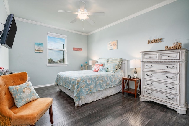 bedroom featuring ceiling fan, dark hardwood / wood-style flooring, and ornamental molding