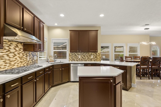 kitchen with plenty of natural light, sink, stainless steel appliances, and decorative light fixtures