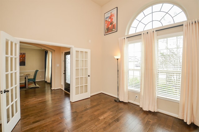 unfurnished room with a towering ceiling, dark wood-type flooring, and french doors