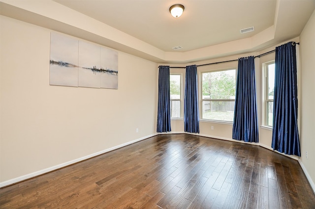 empty room featuring a raised ceiling and hardwood / wood-style flooring