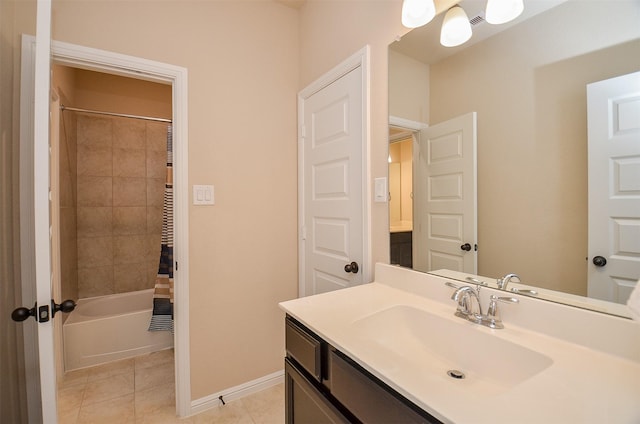 bathroom with tile patterned floors, vanity, and shower / bathtub combination with curtain