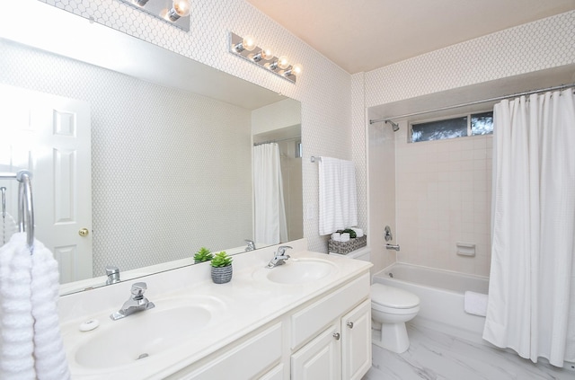 full bathroom featuring toilet, shower / tub combo, and vanity