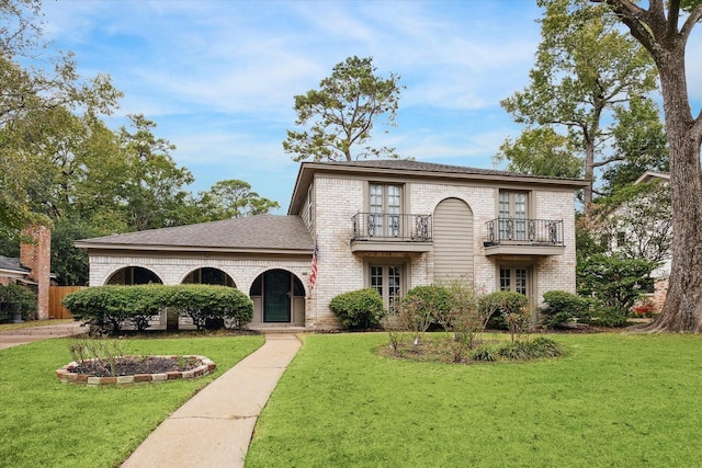 view of front of property with a balcony and a front yard