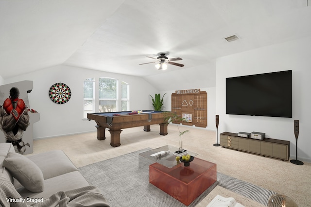 recreation room with ceiling fan, light colored carpet, vaulted ceiling, and billiards