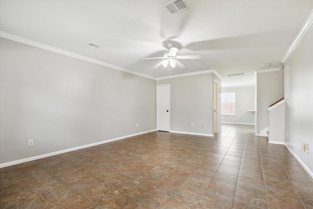 unfurnished room with ceiling fan and ornamental molding