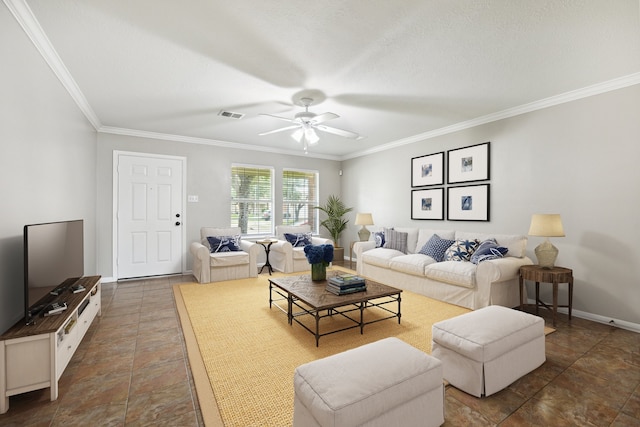 living room with a textured ceiling, ceiling fan, and crown molding