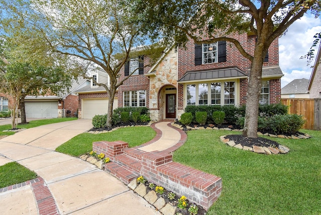 tudor house with a front yard and a garage