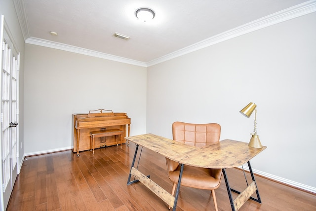 office featuring crown molding, french doors, and wood-type flooring