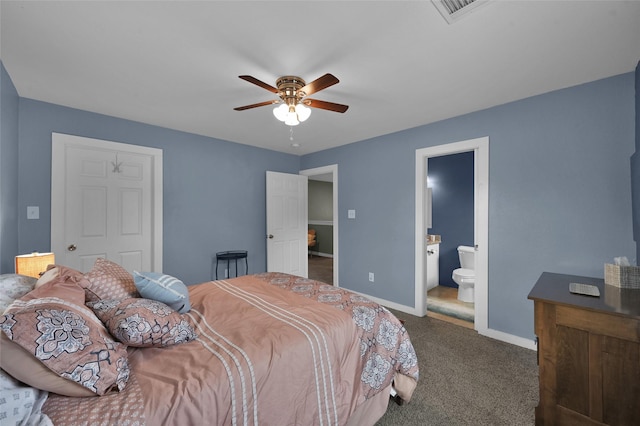 carpeted bedroom featuring connected bathroom and ceiling fan