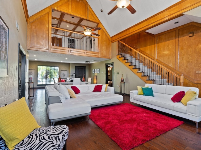 living room featuring beam ceiling, dark hardwood / wood-style flooring, high vaulted ceiling, and ceiling fan