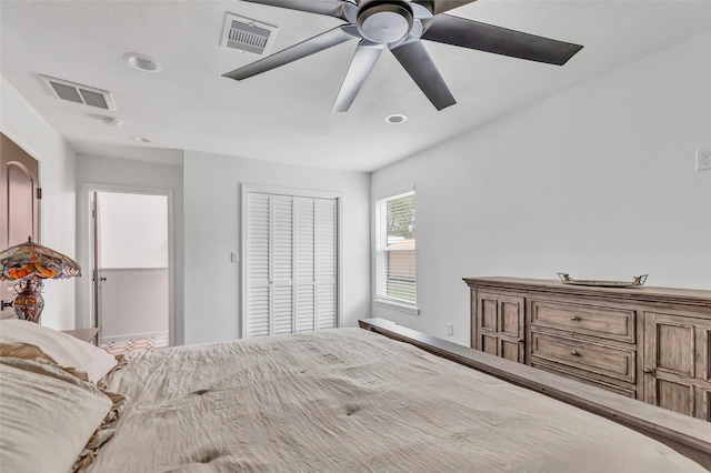 bedroom with ceiling fan and a closet