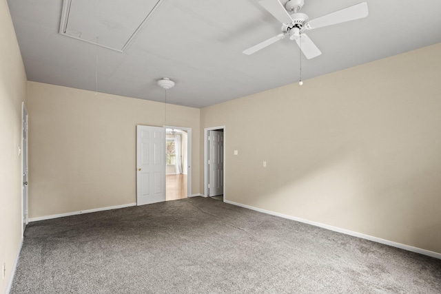 unfurnished room with ceiling fan and carpet floors