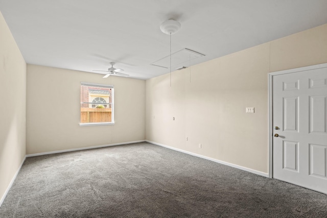 unfurnished room with ceiling fan and carpet floors