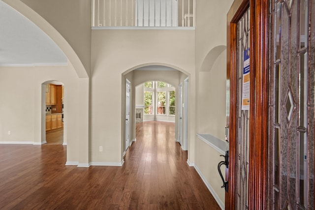 entrance foyer featuring dark hardwood / wood-style floors, ornamental molding, and a high ceiling