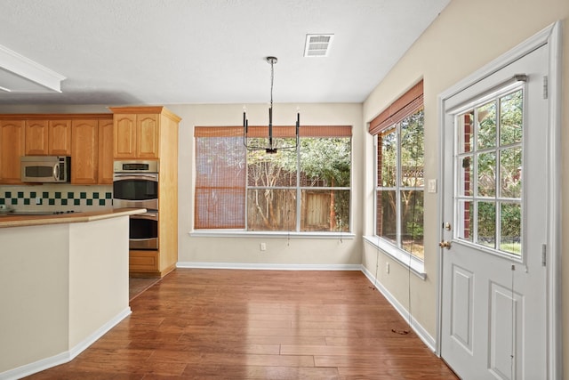 kitchen with tasteful backsplash, a wealth of natural light, decorative light fixtures, and appliances with stainless steel finishes