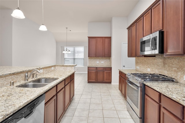 kitchen with decorative backsplash, appliances with stainless steel finishes, sink, pendant lighting, and an inviting chandelier