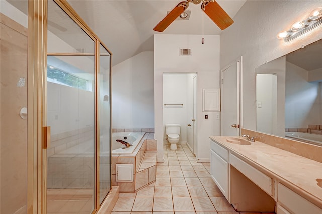 bathroom featuring visible vents, toilet, a shower stall, vanity, and a bath