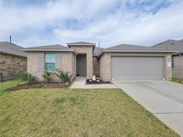 single story home with a garage and a front lawn